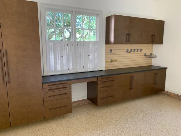 Garage Cabinets With Working Bench And Slat Wall