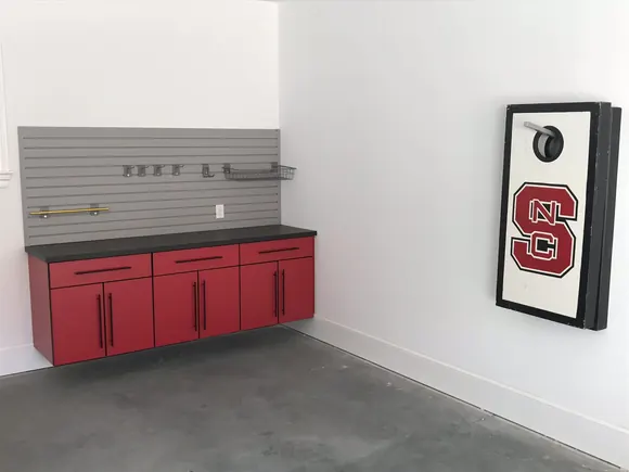 Custom Red Garage Cabinet Nc State Red With Gray Slatwall