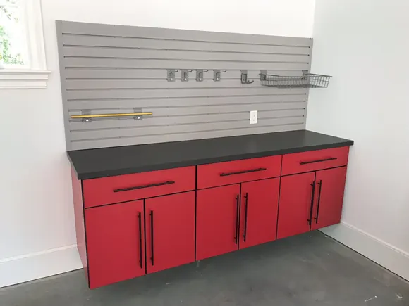 Custom Red Garage Cabinets Gray Slatwall