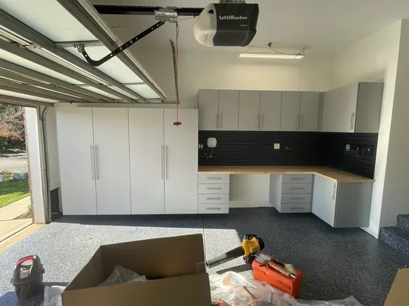 Custom Garage Cabinets Silver Frost With Black Slatwall Butcher Block Countertops