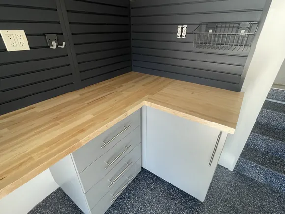Silver Frost Garage Cabinets With Butcher Block Countertops