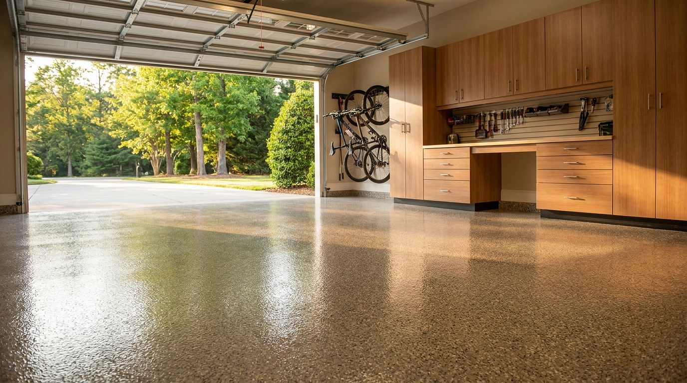 Garage Floor Chip Blend Chosen With Cabinets