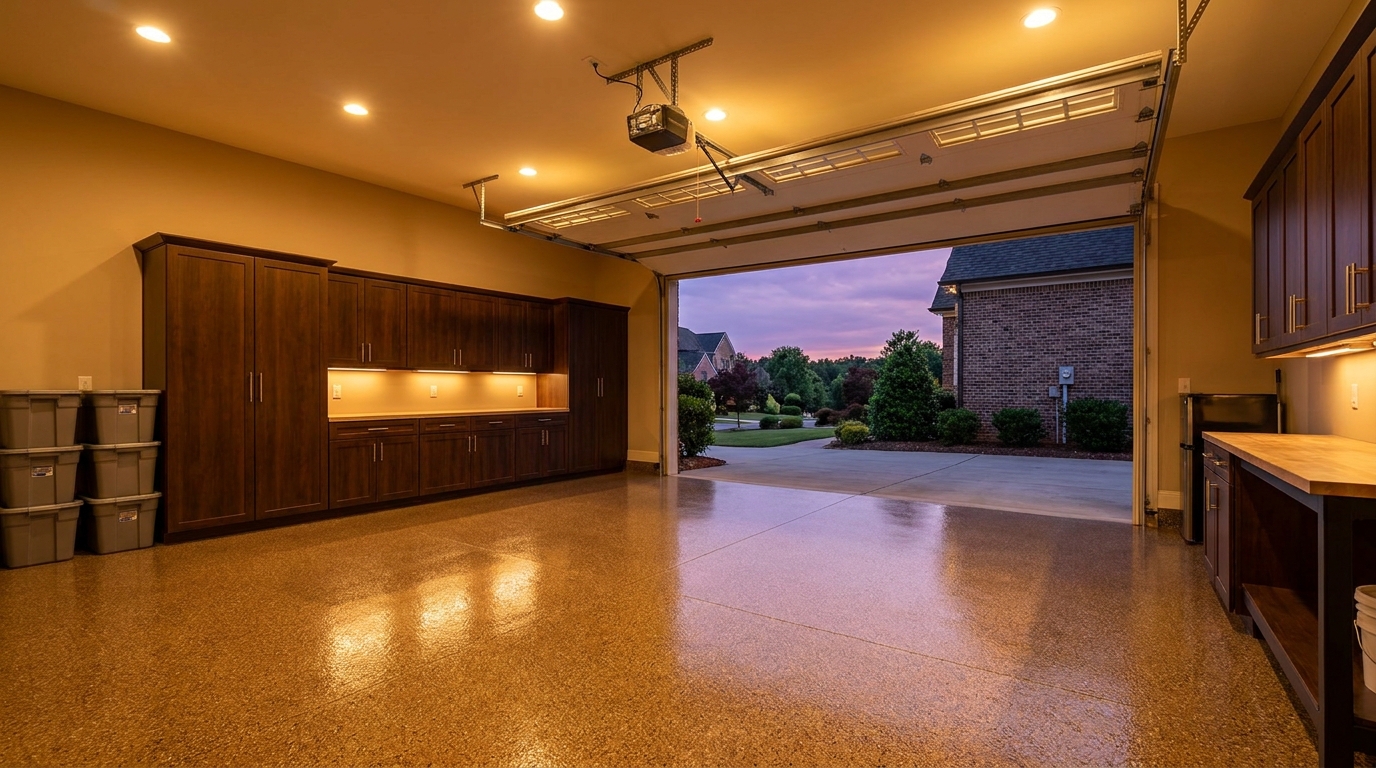 Lighting a Finished Garage So Cabinets and a Glossy Floor Read as One Room