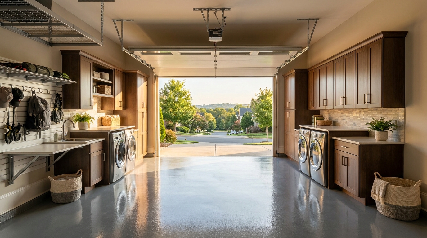 A Laundry Wall in the Garage That Matches the Cabinet Run